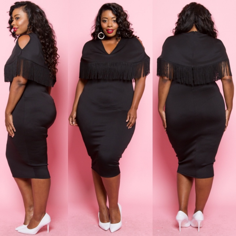 1x-3x PLUS SIZE FRINGE LAYER MIDI DRESS BLK